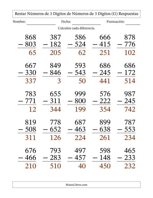 La hoja de ejercicios de Restar números de 3 dígitos de números de 3 dígitos, sin acarreo (25 preguntas) - Formato Grande (G) Página 2