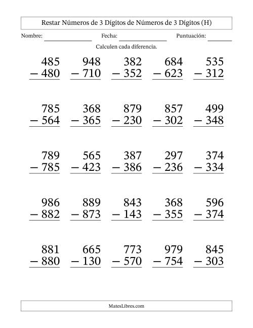 La hoja de ejercicios de Restar números de 3 dígitos de números de 3 dígitos, sin acarreo (25 preguntas) - Formato Grande (H)