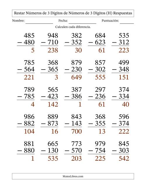 La hoja de ejercicios de Restar números de 3 dígitos de números de 3 dígitos, sin acarreo (25 preguntas) - Formato Grande (H) Página 2