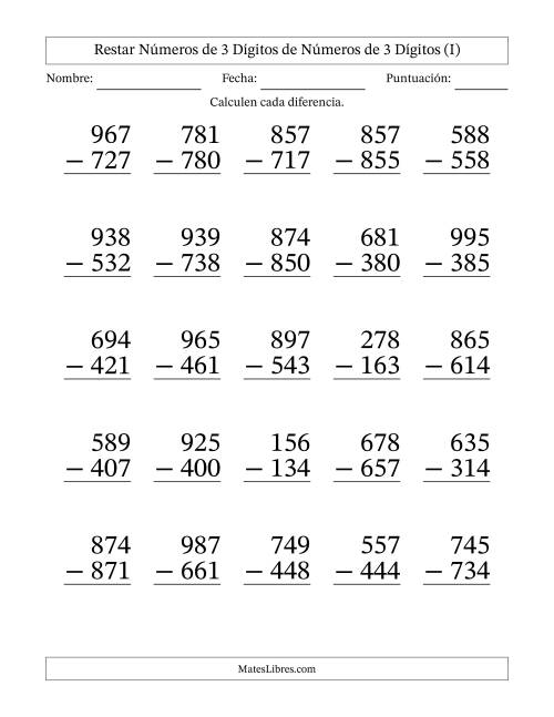 La hoja de ejercicios de Restar números de 3 dígitos de números de 3 dígitos, sin acarreo (25 preguntas) - Formato Grande (I)