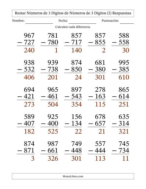 La hoja de ejercicios de Restar números de 3 dígitos de números de 3 dígitos, sin acarreo (25 preguntas) - Formato Grande (I) Página 2