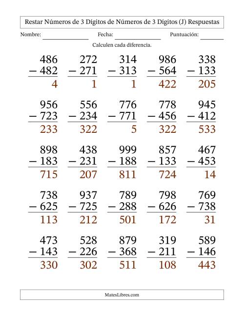 La hoja de ejercicios de Restar números de 3 dígitos de números de 3 dígitos, sin acarreo (25 preguntas) - Formato Grande (J) Página 2