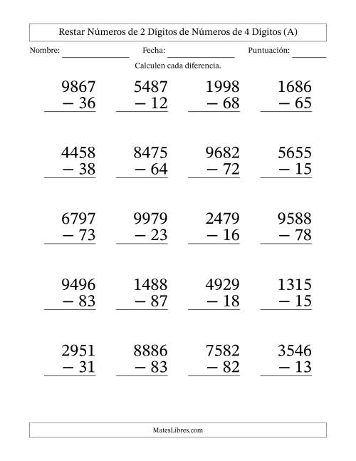 La hoja de ejercicios de Restar números de 2 dígitos de números de 4 dígitos, sin acarreo (20 preguntas) - Formato Grande (A)