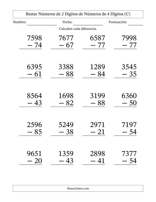 La hoja de ejercicios de Restar números de 2 dígitos de números de 4 dígitos, sin acarreo (20 preguntas) - Formato Grande (C)