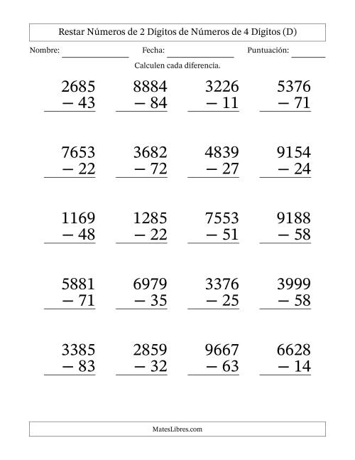 La hoja de ejercicios de Restar números de 2 dígitos de números de 4 dígitos, sin acarreo (20 preguntas) - Formato Grande (D)