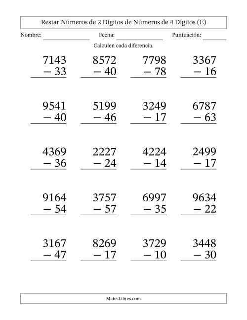 La hoja de ejercicios de Restar números de 2 dígitos de números de 4 dígitos, sin acarreo (20 preguntas) - Formato Grande (E)