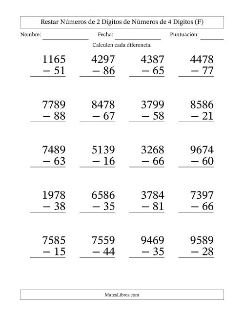 La hoja de ejercicios de Restar números de 2 dígitos de números de 4 dígitos, sin acarreo (20 preguntas) - Formato Grande (F)