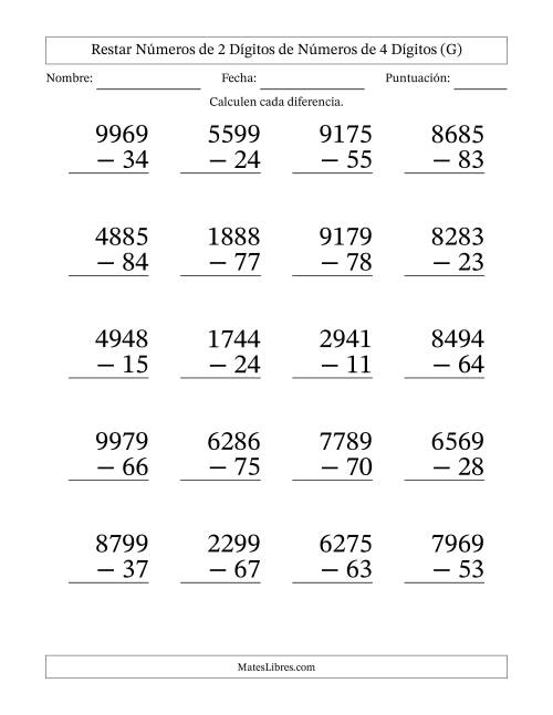 La hoja de ejercicios de Restar números de 2 dígitos de números de 4 dígitos, sin acarreo (20 preguntas) - Formato Grande (G)