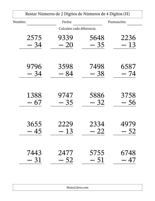 La hoja de ejercicios de Restar números de 2 dígitos de números de 4 dígitos, sin acarreo (20 preguntas) - Formato Grande (H)