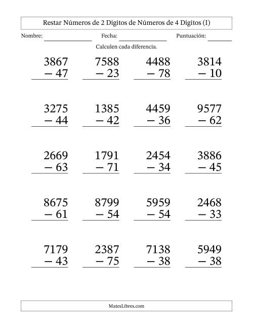 La hoja de ejercicios de Restar números de 2 dígitos de números de 4 dígitos, sin acarreo (20 preguntas) - Formato Grande (I)