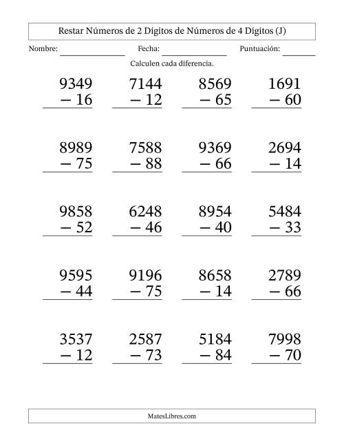La hoja de ejercicios de Restar números de 2 dígitos de números de 4 dígitos, sin acarreo (20 preguntas) - Formato Grande (J)