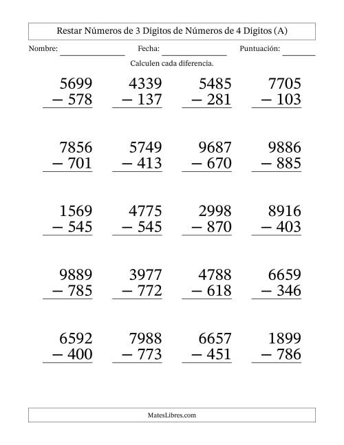 La hoja de ejercicios de Restar números de 3 dígitos de números de 4 dígitos, sin acarreo (20 preguntas) - Formato Grande (A)