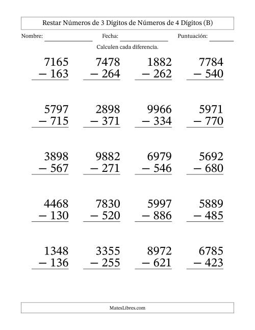 La hoja de ejercicios de Restar números de 3 dígitos de números de 4 dígitos, sin acarreo (20 preguntas) - Formato Grande (B)