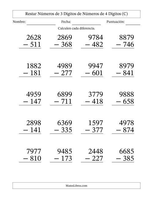 La hoja de ejercicios de Restar números de 3 dígitos de números de 4 dígitos, sin acarreo (20 preguntas) - Formato Grande (C)