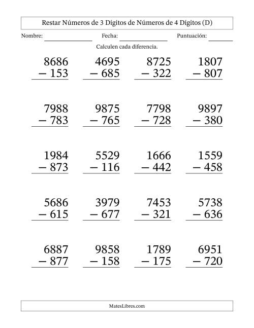 La hoja de ejercicios de Restar números de 3 dígitos de números de 4 dígitos, sin acarreo (20 preguntas) - Formato Grande (D)