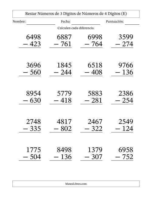 La hoja de ejercicios de Restar números de 3 dígitos de números de 4 dígitos, sin acarreo (20 preguntas) - Formato Grande (E)