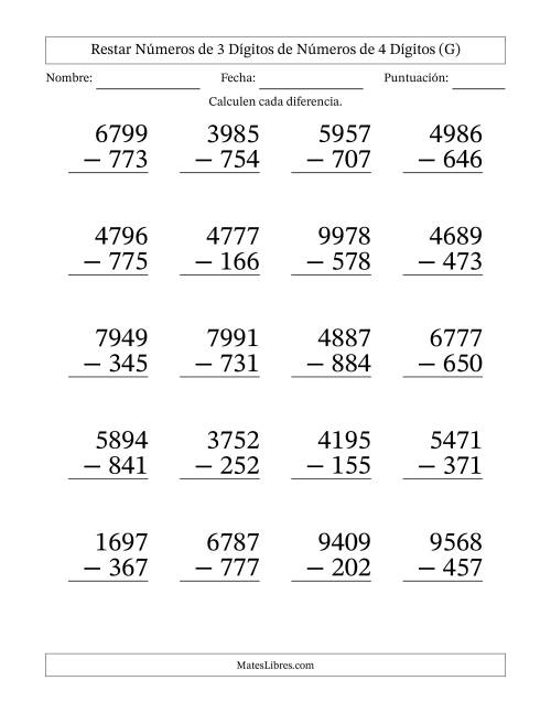 La hoja de ejercicios de Restar números de 3 dígitos de números de 4 dígitos, sin acarreo (20 preguntas) - Formato Grande (G)