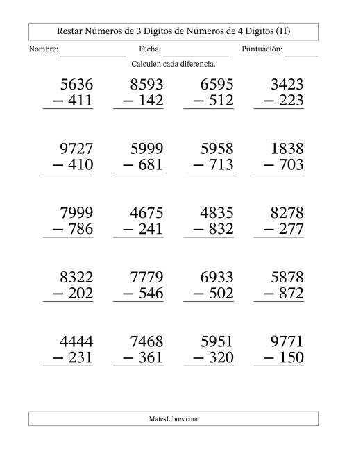 La hoja de ejercicios de Restar números de 3 dígitos de números de 4 dígitos, sin acarreo (20 preguntas) - Formato Grande (H)