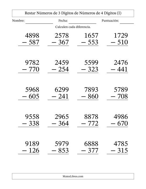 La hoja de ejercicios de Restar números de 3 dígitos de números de 4 dígitos, sin acarreo (20 preguntas) - Formato Grande (I)
