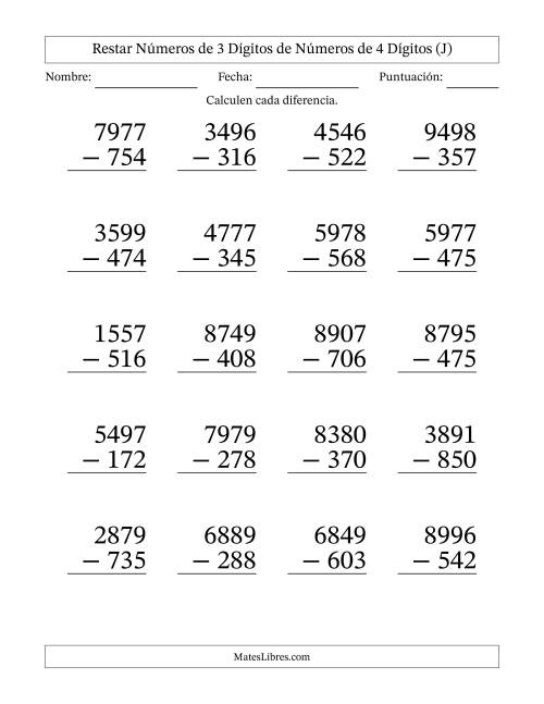 La hoja de ejercicios de Restar números de 3 dígitos de números de 4 dígitos, sin acarreo (20 preguntas) - Formato Grande (J)