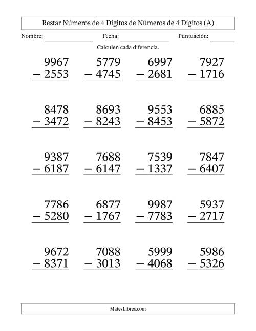 La hoja de ejercicios de Restar números de 4 dígitos de números de 4 dígitos, sin acarreo (20 preguntas) - Formato Grande (A)