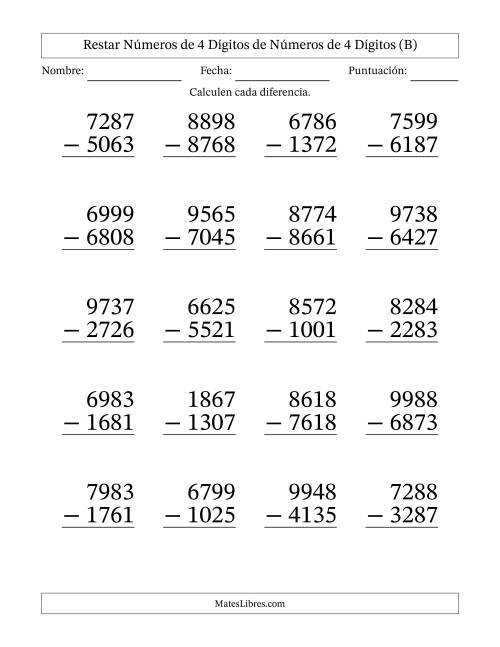 La hoja de ejercicios de Restar números de 4 dígitos de números de 4 dígitos, sin acarreo (20 preguntas) - Formato Grande (B)