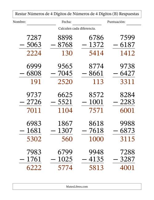 La hoja de ejercicios de Restar números de 4 dígitos de números de 4 dígitos, sin acarreo (20 preguntas) - Formato Grande (B) Página 2