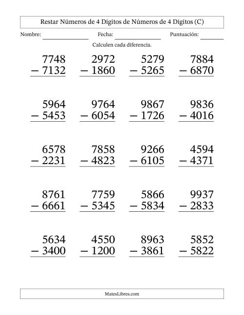 La hoja de ejercicios de Restar números de 4 dígitos de números de 4 dígitos, sin acarreo (20 preguntas) - Formato Grande (C)