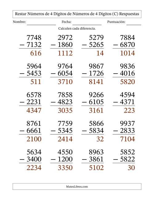 La hoja de ejercicios de Restar números de 4 dígitos de números de 4 dígitos, sin acarreo (20 preguntas) - Formato Grande (C) Página 2