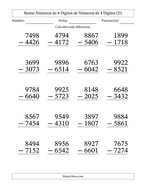 La hoja de ejercicios de Restar números de 4 dígitos de números de 4 dígitos, sin acarreo (20 preguntas) - Formato Grande (D)