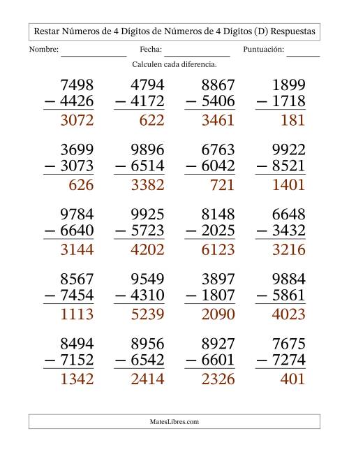 La hoja de ejercicios de Restar números de 4 dígitos de números de 4 dígitos, sin acarreo (20 preguntas) - Formato Grande (D) Página 2