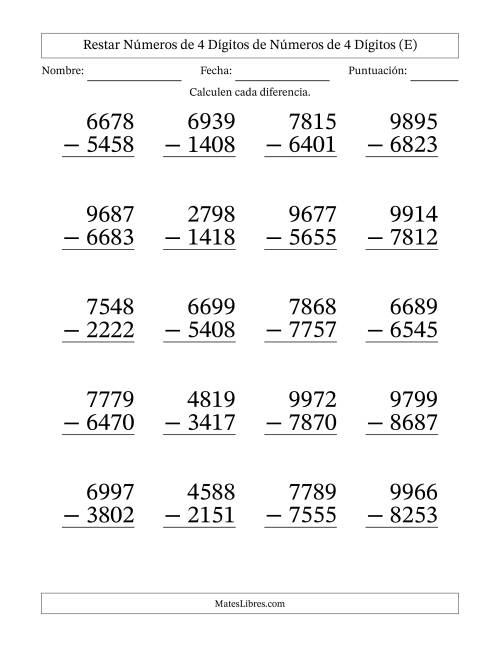 La hoja de ejercicios de Restar números de 4 dígitos de números de 4 dígitos, sin acarreo (20 preguntas) - Formato Grande (E)