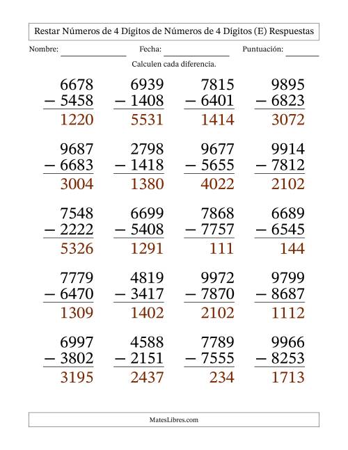 La hoja de ejercicios de Restar números de 4 dígitos de números de 4 dígitos, sin acarreo (20 preguntas) - Formato Grande (E) Página 2