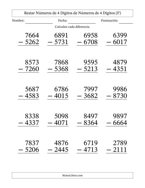 La hoja de ejercicios de Restar números de 4 dígitos de números de 4 dígitos, sin acarreo (20 preguntas) - Formato Grande (F)