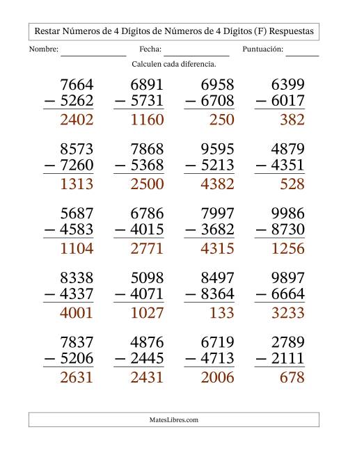 La hoja de ejercicios de Restar números de 4 dígitos de números de 4 dígitos, sin acarreo (20 preguntas) - Formato Grande (F) Página 2