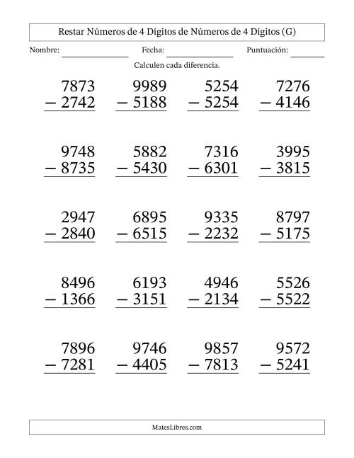 La hoja de ejercicios de Restar números de 4 dígitos de números de 4 dígitos, sin acarreo (20 preguntas) - Formato Grande (G)