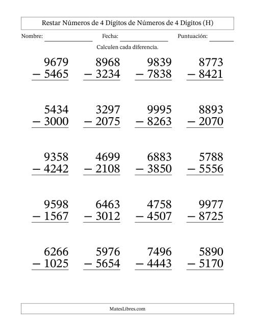 La hoja de ejercicios de Restar números de 4 dígitos de números de 4 dígitos, sin acarreo (20 preguntas) - Formato Grande (H)