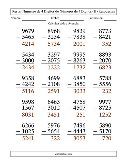 La hoja de ejercicios de Restar números de 4 dígitos de números de 4 dígitos, sin acarreo (20 preguntas) - Formato Grande (H) Página 2