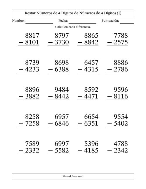 La hoja de ejercicios de Restar números de 4 dígitos de números de 4 dígitos, sin acarreo (20 preguntas) - Formato Grande (I)