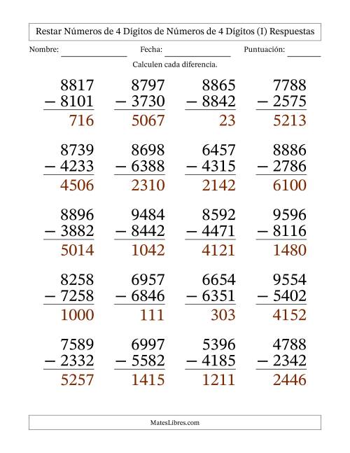 La hoja de ejercicios de Restar números de 4 dígitos de números de 4 dígitos, sin acarreo (20 preguntas) - Formato Grande (I) Página 2