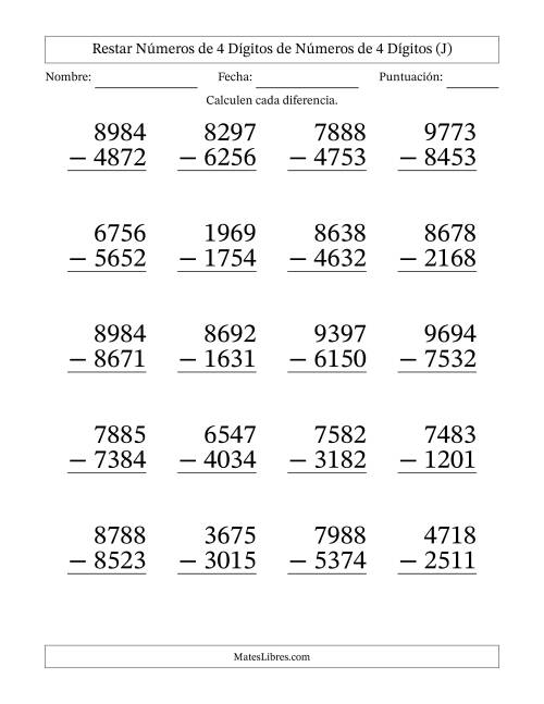 La hoja de ejercicios de Restar números de 4 dígitos de números de 4 dígitos, sin acarreo (20 preguntas) - Formato Grande (J)