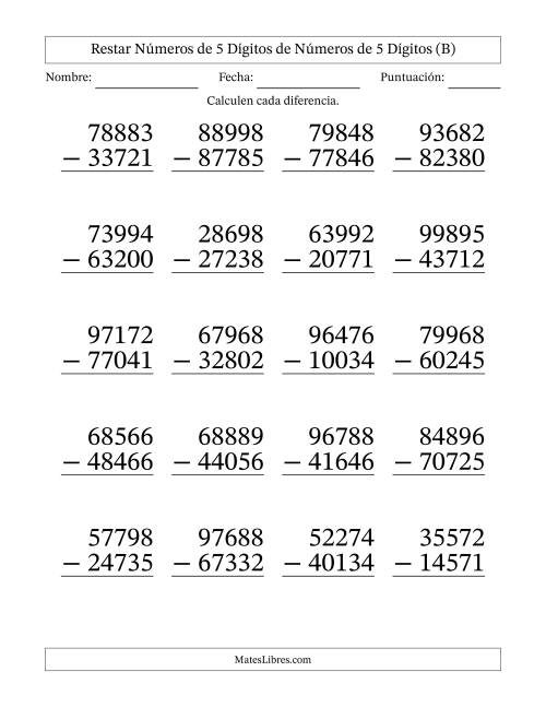 La hoja de ejercicios de Restar números de 5 dígitos de números de 5 dígitos, sin acarreo (20 preguntas) - Formato Grande (B)