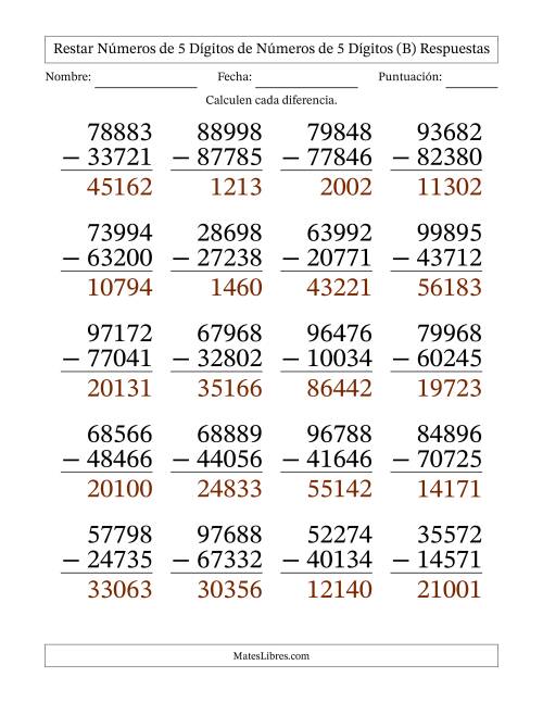 La hoja de ejercicios de Restar números de 5 dígitos de números de 5 dígitos, sin acarreo (20 preguntas) - Formato Grande (B) Página 2