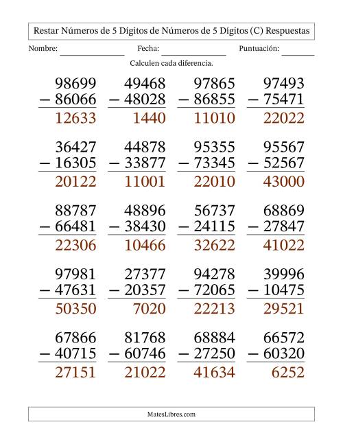 La hoja de ejercicios de Restar números de 5 dígitos de números de 5 dígitos, sin acarreo (20 preguntas) - Formato Grande (C) Página 2