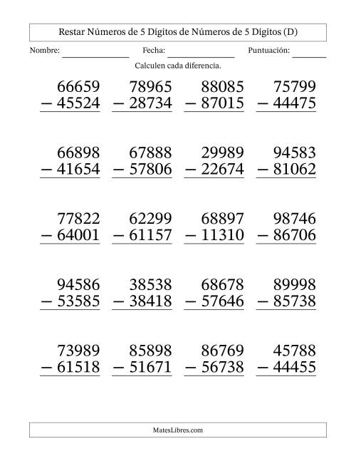 La hoja de ejercicios de Restar números de 5 dígitos de números de 5 dígitos, sin acarreo (20 preguntas) - Formato Grande (D)