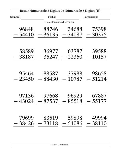 La hoja de ejercicios de Restar números de 5 dígitos de números de 5 dígitos, sin acarreo (20 preguntas) - Formato Grande (E)