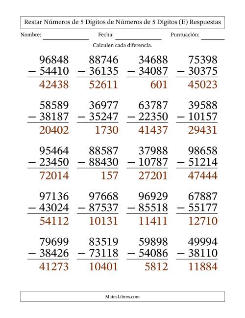 La hoja de ejercicios de Restar números de 5 dígitos de números de 5 dígitos, sin acarreo (20 preguntas) - Formato Grande (E) Página 2