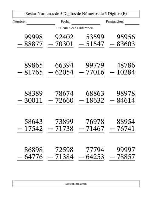 La hoja de ejercicios de Restar números de 5 dígitos de números de 5 dígitos, sin acarreo (20 preguntas) - Formato Grande (F)