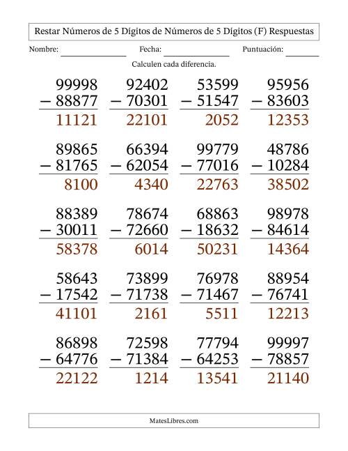 La hoja de ejercicios de Restar números de 5 dígitos de números de 5 dígitos, sin acarreo (20 preguntas) - Formato Grande (F) Página 2