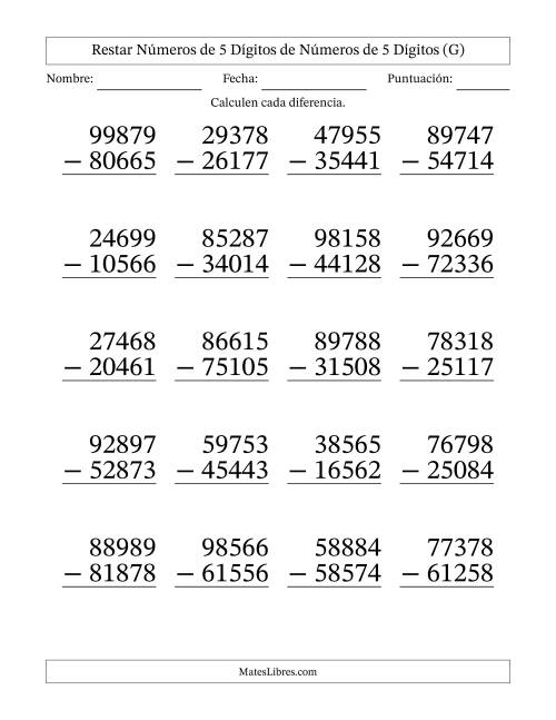 La hoja de ejercicios de Restar números de 5 dígitos de números de 5 dígitos, sin acarreo (20 preguntas) - Formato Grande (G)